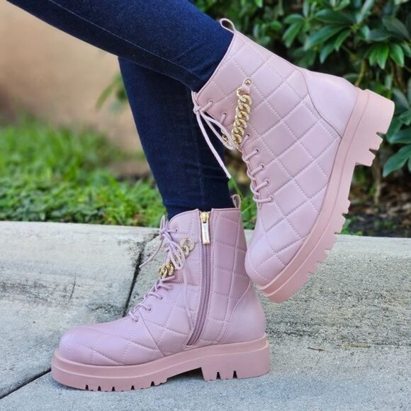 Womens Chunky Block Heel Ankle Combat Boots Pink Color - Picture 6 of 7